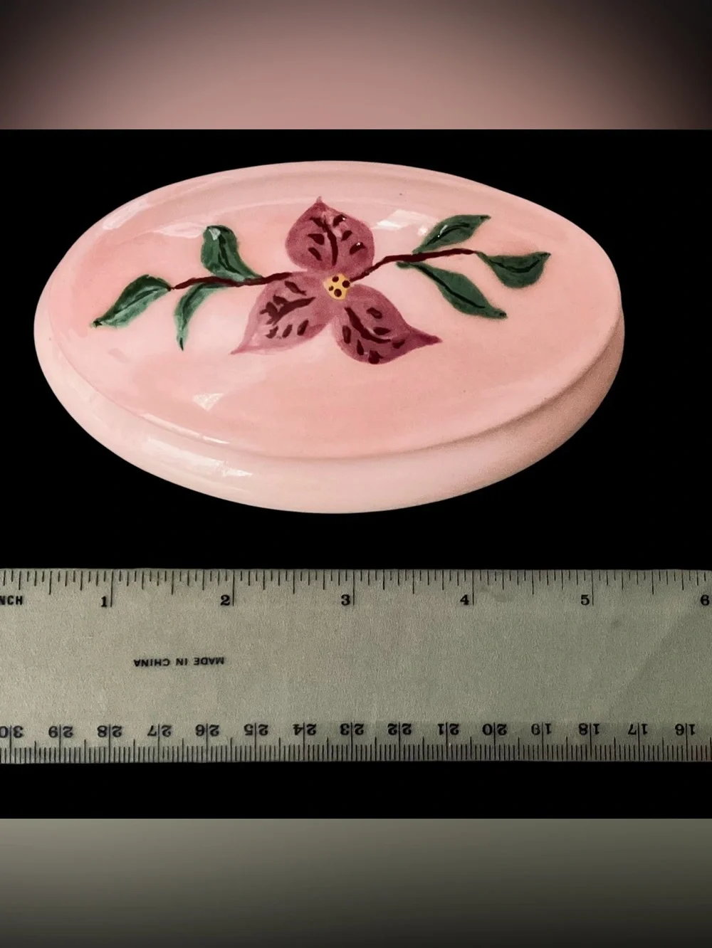 Vintage Pink Oval Ceramic Trinket Box with Hand-Painted Floral Motif